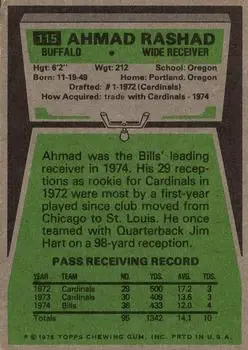 1975 Topps #115 - Ahmad Rashad - Buffalo Bills - Back
