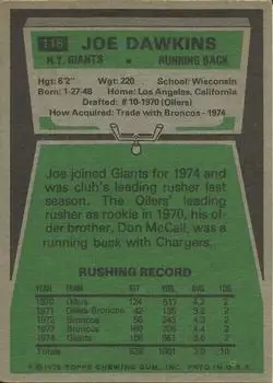 1975 Topps #116 - Joe Dawkins - New York Giants - Back 1975 Topps #116 - Joe Dawkins - New York Giants - Back