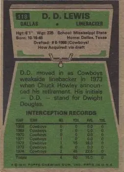 1975 Topps #118 - D.D. Lewis - Dallas Cowboys - Back