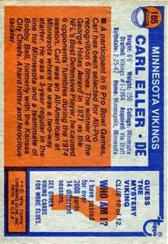 1976 Topps #105 - Carl Eller - Minnesota Vikings - Back