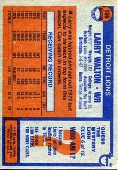 1976 Topps #106 - Larry Walton - Detroit Lions - Back