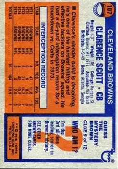 1976 Topps #107 - Clarence Scott - Cleveland Browns - Back