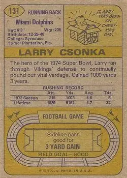 1974 Topps #131 - Larry Csonka - Miami Dolphins - Back