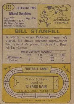 1974 Topps #133 - Bill Stanfill - Miami Dolphins - Back