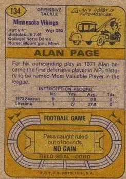 1974 Topps #134 - Alan Page - Minnesota Vikings - Back