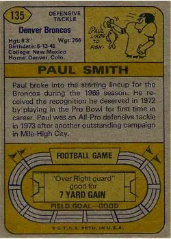 1974 Topps #135 - Paul Smith - Denver Broncos - Back