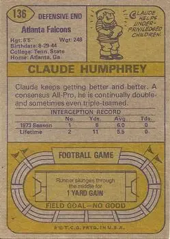1974 Topps #136 - Claude Humphrey - Atlanta Falcons - Back