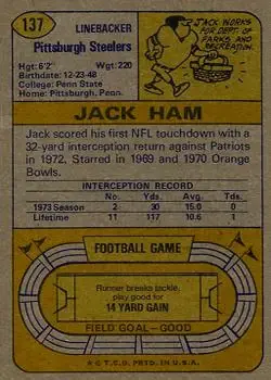1974 Topps #137 - Jack Ham - Pittsburgh Steelers 1974 Topps #137 - Jack Ham - Pittsburgh Steelers