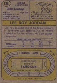 1974 Topps #138 - Lee Roy Jordan - Dallas Cowboys - Back