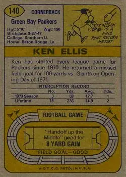 1974 Topps #140 - Ken Ellis - Green Bay Packers - Back