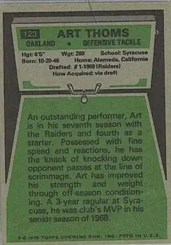 1975 Topps #123 - Art Thoms - Oakland Raiders - Back