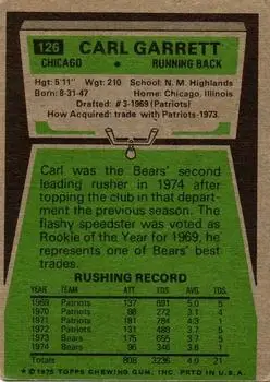 1975 Topps #126 - Carl Garrett - Chicago Bears - Back