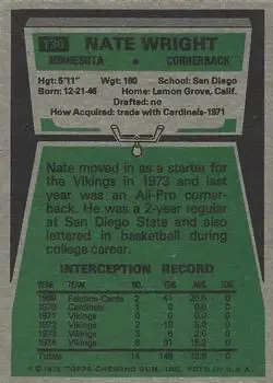 1975 Topps #130 - Nate Wright - Minnesota Vikings 1975 Topps #130 - Nate Wright - Minnesota Vikings