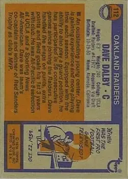 1976 Topps #112 - Dave Dalby - Oakland Raiders - Back