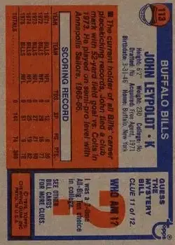 1976 Topps #113 - John Leypoldt - Buffalo Bills - Back