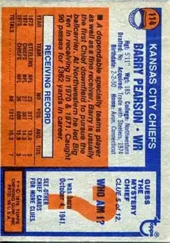 1976 Topps #114 - Barry Pearson - Kansas City Chiefs - Back