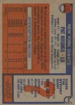 1976 Topps #117 - Pat Hughes - New York Giants - Back