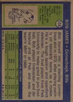 1972 Topps #114 - Bob James - Buffalo Bills - Back