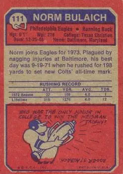 1973 Topps #111 - Norm Bulaich - Philadelphia Eagles - Back