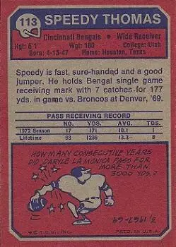 1973 Topps #113 - Speedy Thomas - Cincinnati Bengals - Back