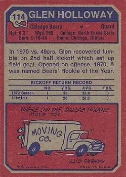 1973 Topps #114 - Glen Holloway - Chicago Bears - Back
