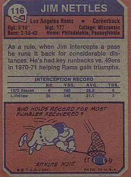 1973 Topps #116 - Jim Nettles - Los Angeles Rams - Back