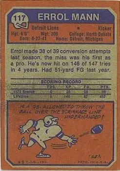 1973 Topps #117 - Errol Mann - Detroit Lions - Back