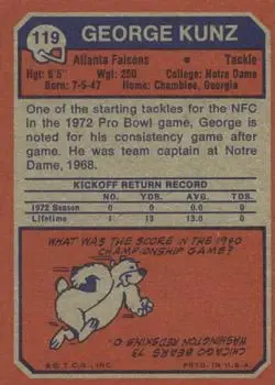 1973 Topps #119 - George Kunz - Atlanta Falcons - Back 1973 Topps #119 - George Kunz - Atlanta Falcons - Back