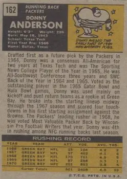 1971 Topps #162 - Donny Anderson - Green Bay Packers - Back