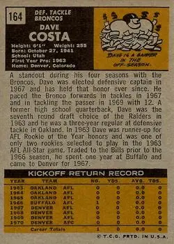 1971 Topps #164 - Dave Costa - Denver Broncos
