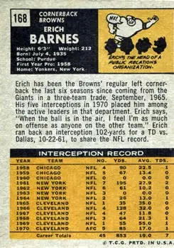 1971 Topps #168 - Erich Barnes - Cleveland Browns - Back 1971 Topps #168 - Erich Barnes - Cleveland Browns - Back