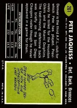 1969 Topps #261 - Pete Jaquess - Denver Broncos - Back 1969 Topps #261 - Pete Jaquess - Denver Broncos - Back