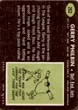 1969 Topps #262 - Gerry Philbin - New York Jets - Back 1969 Topps #262 - Gerry Philbin - New York Jets - Back