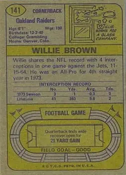 1974 Topps #141 - Willie Brown - Oakland Raiders - Back