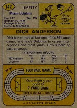 1974 Topps #142 - Dick Anderson - Miami Dolphins - Back