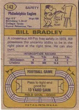 1974 Topps #143 - Bill Bradley - Philadelphia Eagles - Back