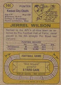 1974 Topps #144 - Jerrel Wilson - Kansas City Chiefs - Back