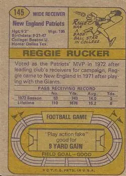 1974 Topps #145 - Reggie Rucker - New England Patriots - Back