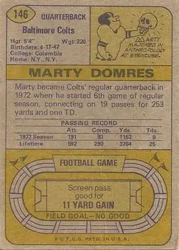 1974 Topps #146 - Marty Domres - Baltimore Colts - Back