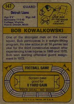 1974 Topps #147 - Bob Kowalkowski - Detroit Lions - Back