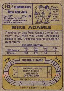 1974 Topps #149 - Mike Adamle - New York Jets - Back 1974 Topps #149 - Mike Adamle - New York Jets - Back