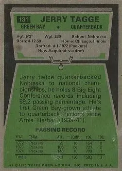 1975 Topps #131 - Jerry Tagge - Green Bay Packers - Back 1975 Topps #131 - Jerry Tagge - Green Bay Packers - Back