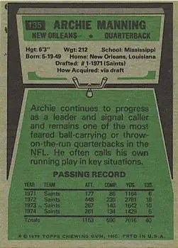 1975 Topps #135 - Archie Manning - New Orleans Saints - Back 1975 Topps #135 - Archie Manning - New Orleans Saints - Back