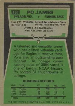 1975 Topps #136 - Po James - Philadelphia Eagles - Back