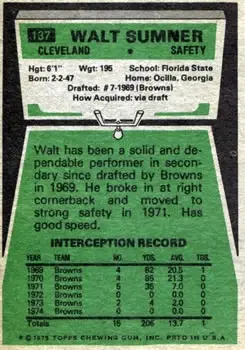 1975 Topps #137 - Walt Sumner - Cleveland Browns - Back