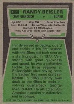 1975 Topps #138 - Randy Beisler - San Francisco 49ers - Back