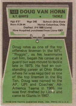 1975 Topps #143 - Doug Van Horn - New York Giants - Back