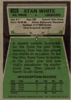 1975 Topps #144 - Stan White - Baltimore Colts - Back