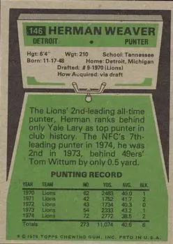 1975 Topps #146 - Herman Weaver - Detroit Lions - Back