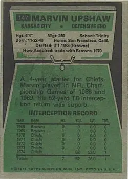 1975 Topps #147 - Marvin Upshaw - Kansas City Chiefs - Back